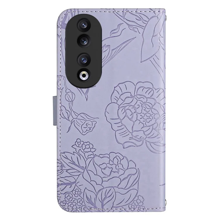 HT03 Stand Wallet Leather Case para Honor 90, Funda de Teléfono Estampada con Flores de Mariposa con Correa de Mano - Púrpura