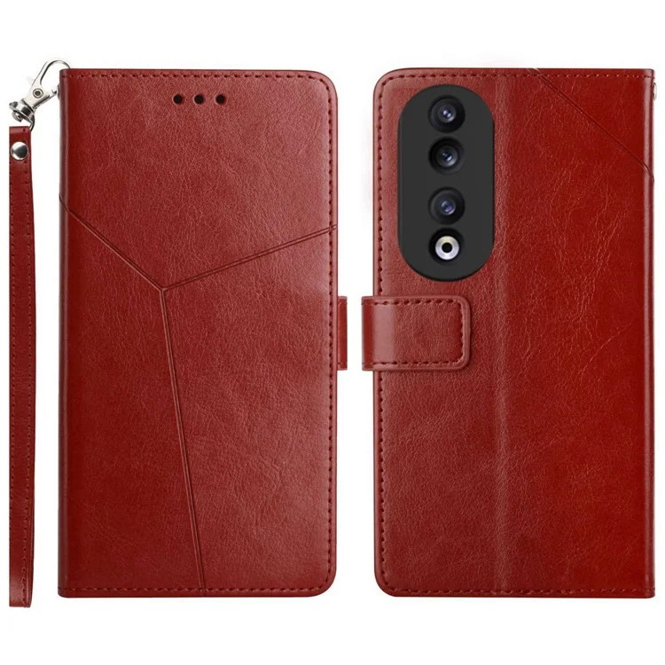 Funda para móvil HT01 Wallet PU Leather Stand Case para Honor 90, con diseño de línea en forma de Y, cubierta de teléfono de color marrón