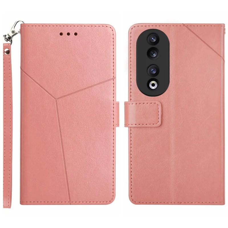 HT01 Wallet PU Leather Stand Case for Honor 90 , Y-shaped Line Imprinted Phone Cover - Pink