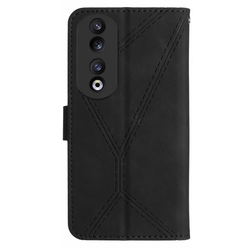 HT05 Stand-Wallet-Handyhülle für Honor 90, hautberührende PU-Leder-Prägung Linie Hülle - Schwarz