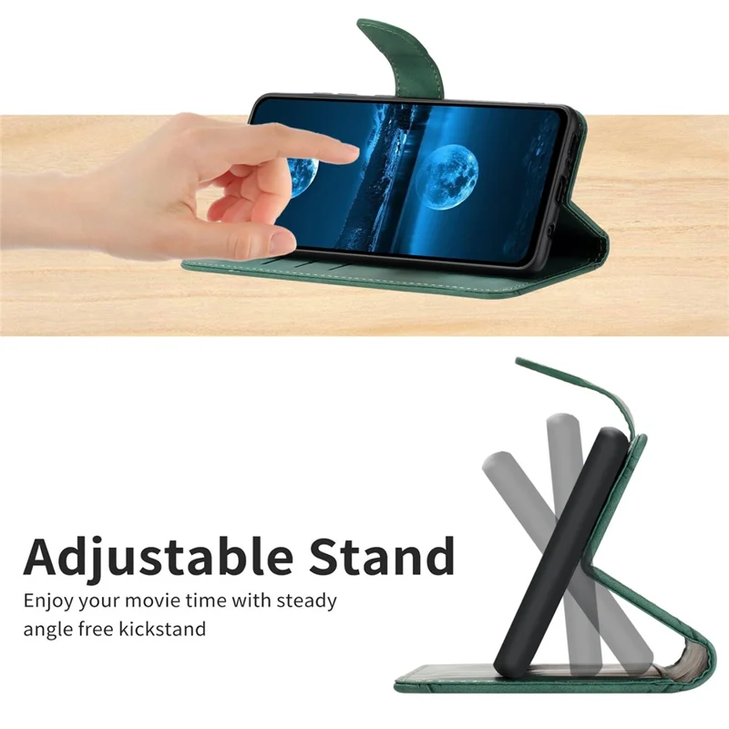 HT05 For Samsung Galaxy A25 5G (Global) (161.0 x 76.5 x 8.3mm) PU Leather Phone Case Skin-touch Stand Wallet Imprinted Line Cover - Green