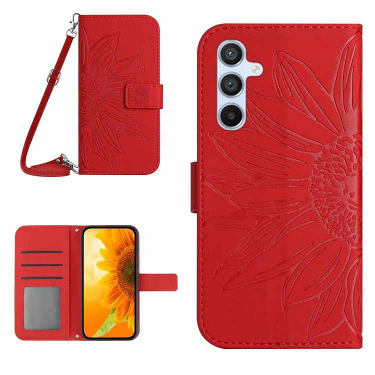 HT04 For Samsung Galaxy A25 5G (Global) (161.0 x 76.5 x 8.3mm) Leather Wallet Case Stand Phone Cover with Shoulder Strap - Red
