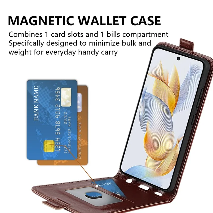 Para Honor 90 TPU+PU Leather Phone Shell Vertical Flip Case Mobile Phone Cover com Slots para Cartões - Marrom