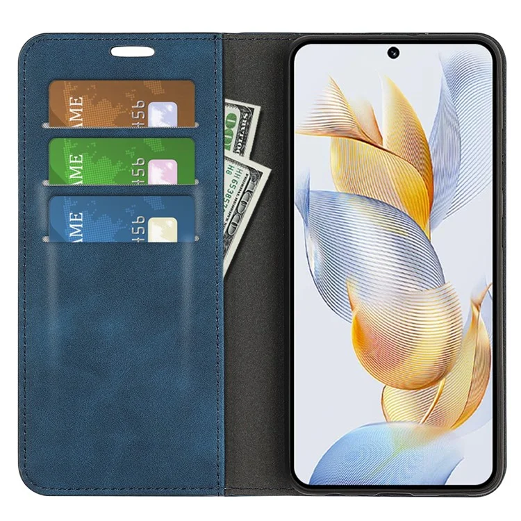 For Honor 90 Carteira Flip Case Pele de Celular Skin-touch Stand à prova de choque Capa de Couro PU - Azul