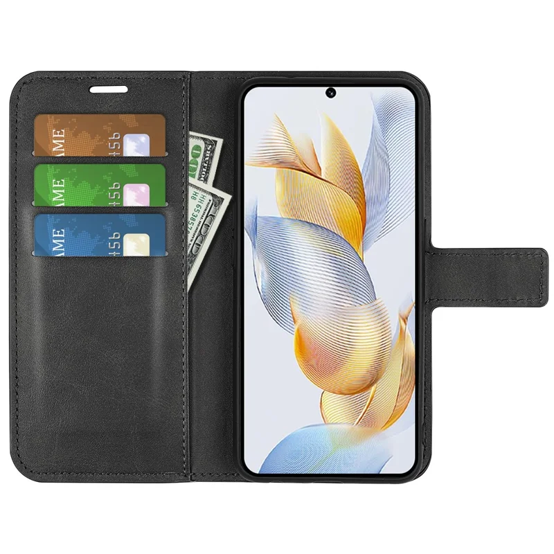 For Honor 90 Phone Shell Calf Texture Leather Cover Stand Wallet Square Magnetic Closure Case - Black