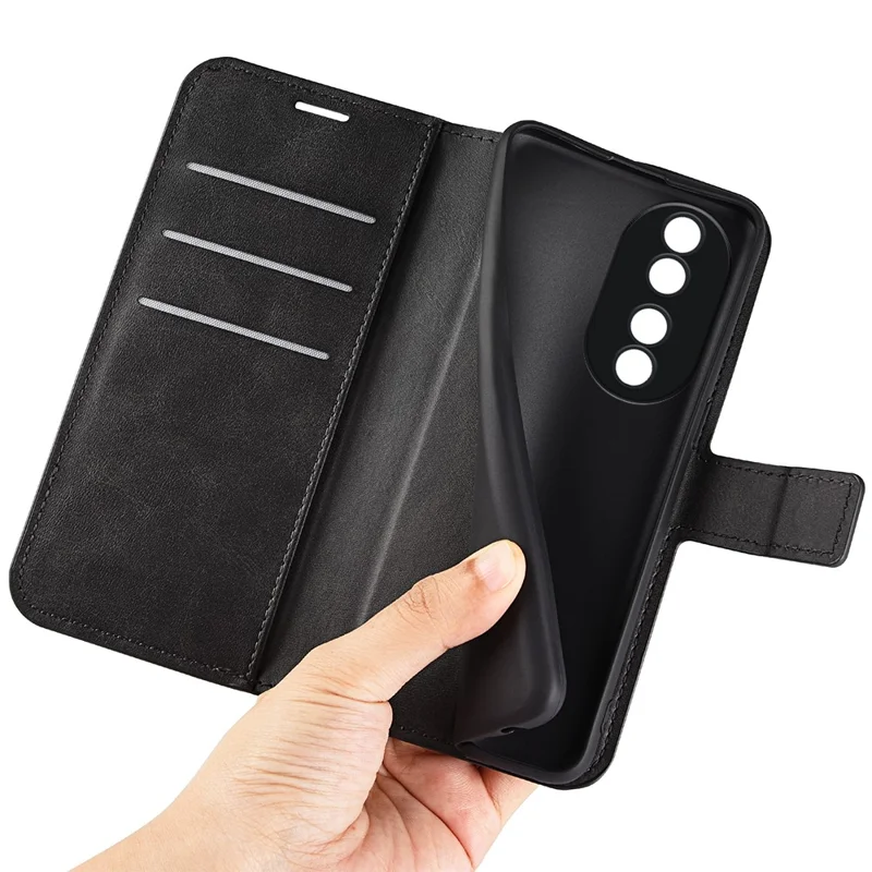 For Honor 90 Phone Shell Calf Texture Leather Cover Stand Wallet Square Magnetic Closure Case - Black