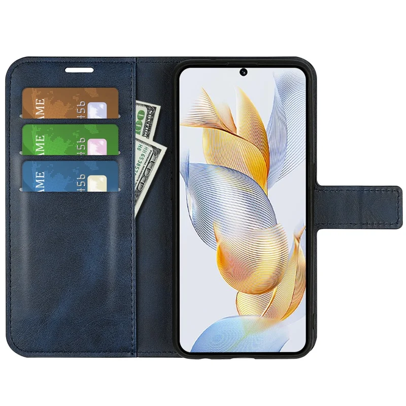 For Honor 90 Phone Shell Calf Texture Leather Cover Stand Wallet Square Magnetic Closure Case - Blue
