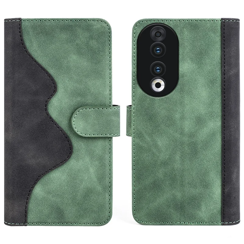 For Honor 90 PU Leather Wallet Phone Cover Dual-color Splicing Stand Cell Phone Case - Green