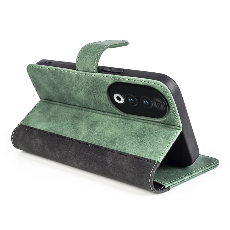 For Honor 90 PU Leather Wallet Phone Cover Dual-color Splicing Stand Cell Phone Case - Green