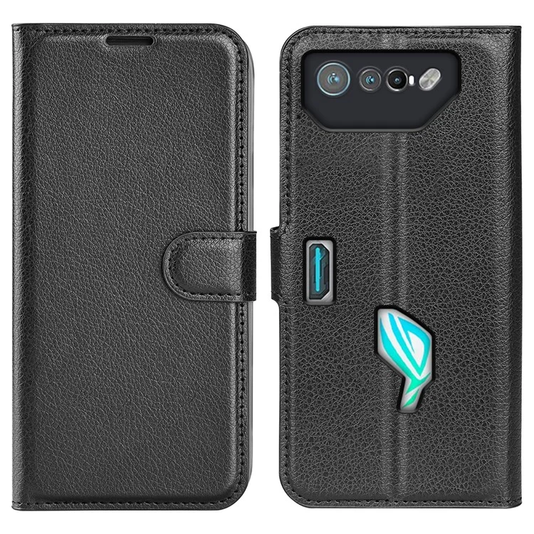 Funda de teléfono con textura de litchi para Asus ROG Phone 7 5G, funda de teléfono tipo cartera con soporte, de cuero sintético - Negro