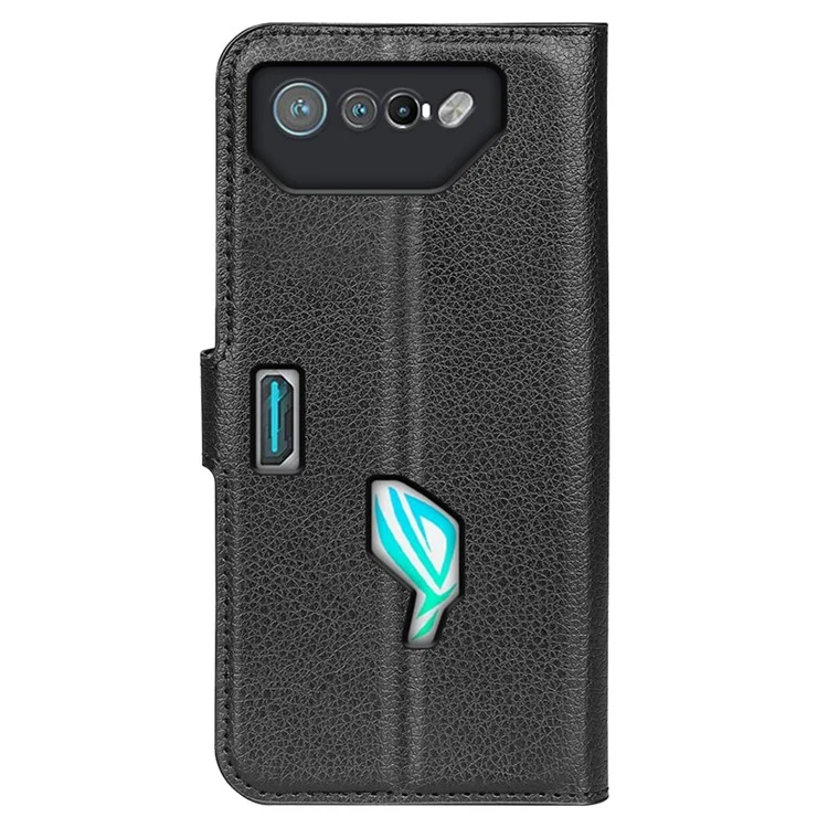 Funda de teléfono con textura de litchi para Asus ROG Phone 7 5G, funda de teléfono tipo cartera con soporte, de cuero sintético - Negro