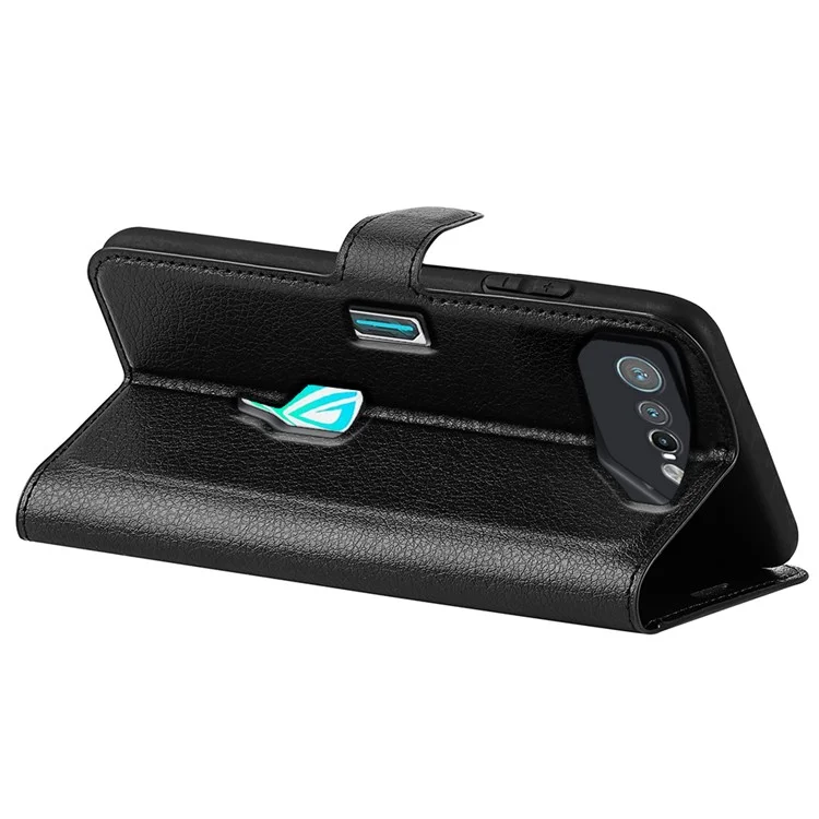 Funda de teléfono con textura de litchi para Asus ROG Phone 7 5G, funda de teléfono tipo cartera con soporte, de cuero sintético - Negro