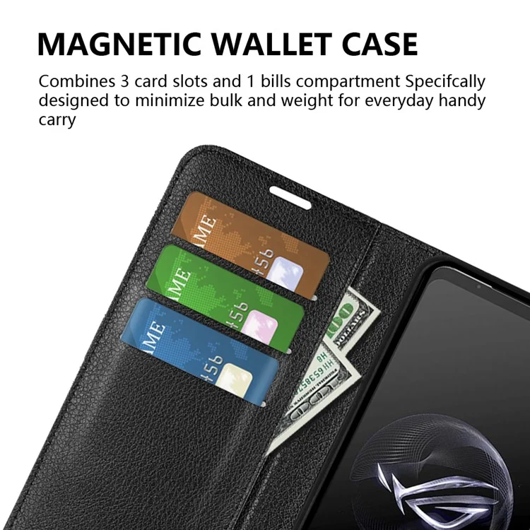Funda de teléfono con textura de litchi para Asus ROG Phone 7 5G, funda de teléfono tipo cartera con soporte, de cuero sintético - Negro