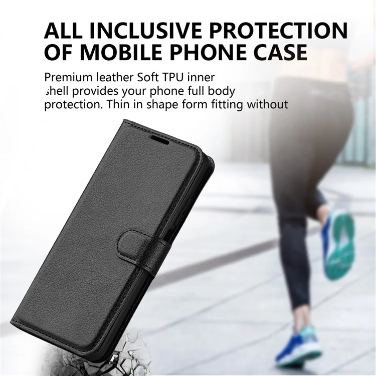 Funda de teléfono con textura de litchi para Asus ROG Phone 7 5G, funda de teléfono tipo cartera con soporte, de cuero sintético - Negro