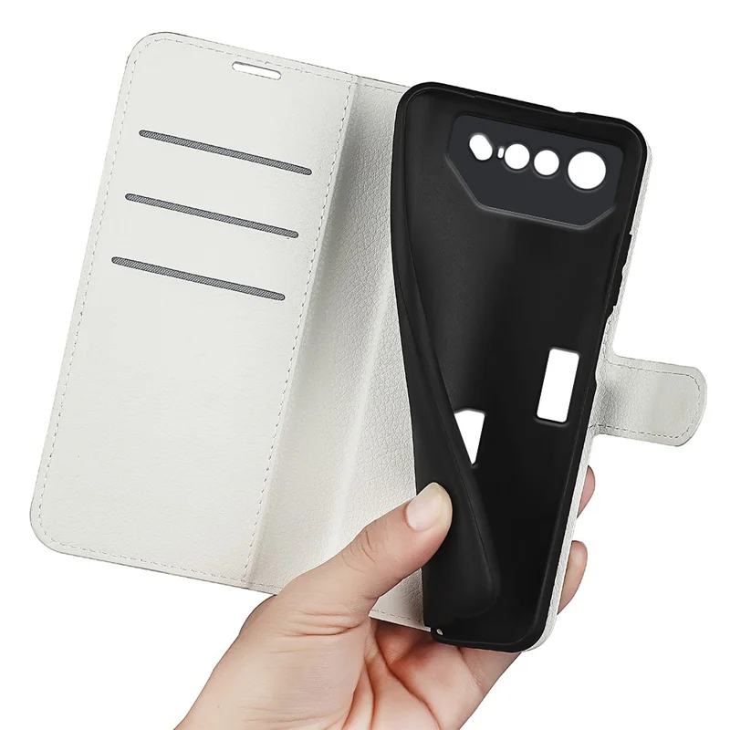 Custodia per telefono con texture Litchi per Asus ROG Phone 7 5G, Custodia Wallet Cover Stand in pelle PU - Bianco