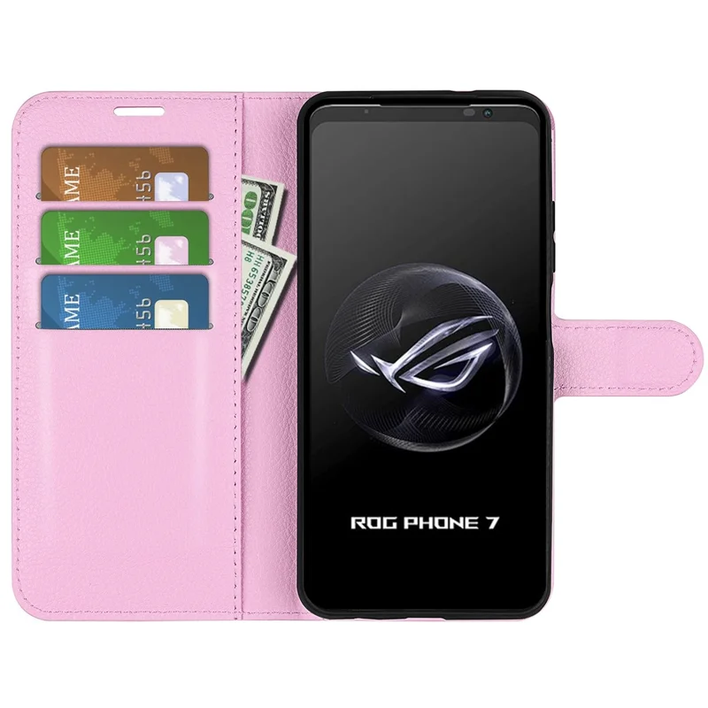 Litchi Texture Phone Case for Asus ROG Phone 7 5G , Wallet Phone Cover Stand PU Leather Shell - Pink