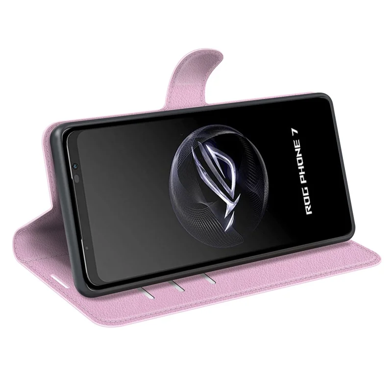 Litchi Texture Phone Case for Asus ROG Phone 7 5G , Wallet Phone Cover Stand PU Leather Shell - Pink