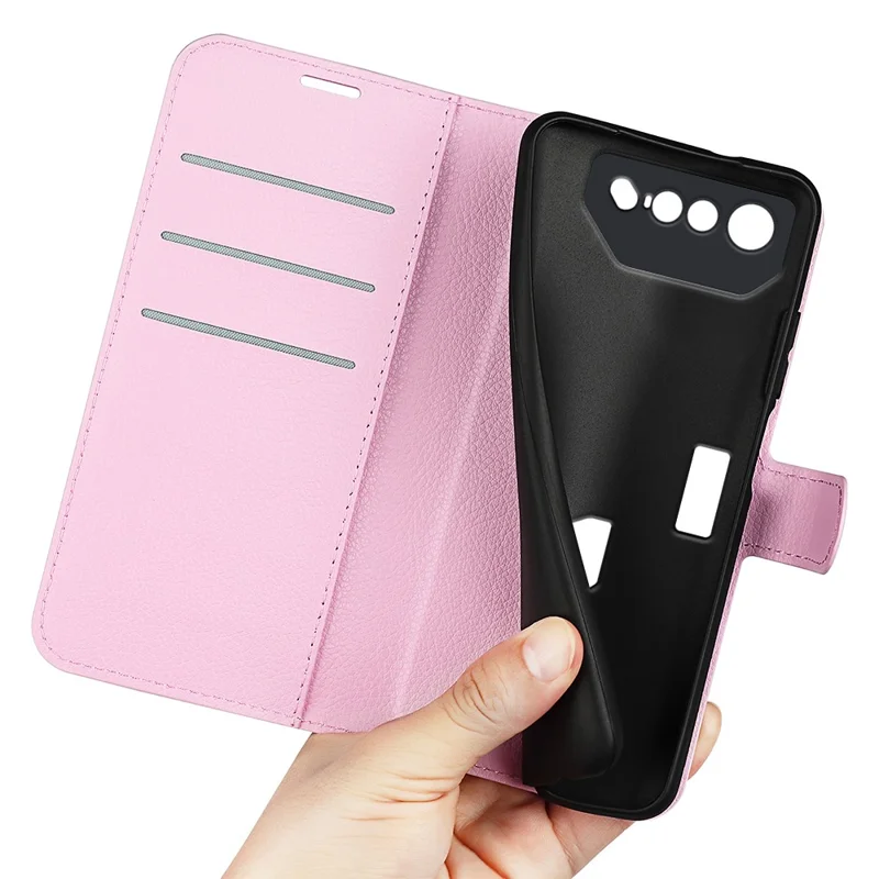 Litchi Texture Phone Case for Asus ROG Phone 7 5G , Wallet Phone Cover Stand PU Leather Shell - Pink