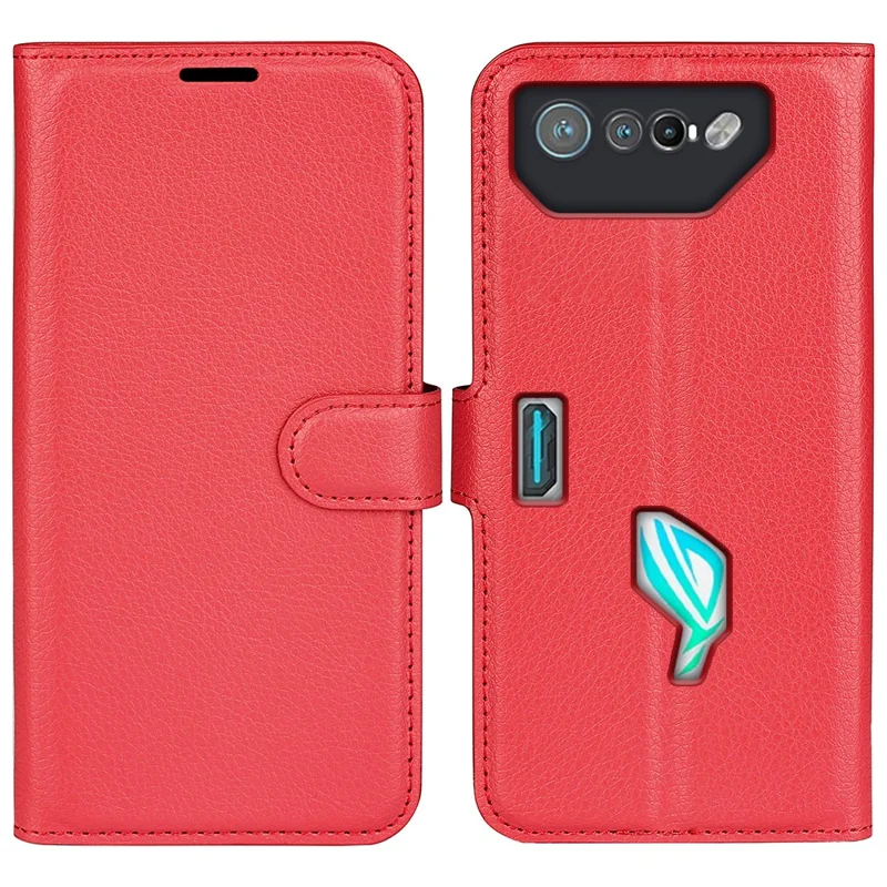 Coque de téléphone à texture de litchi pour Asus ROG Phone 7 5G, étui portefeuille avec support en cuir PU - Rouge