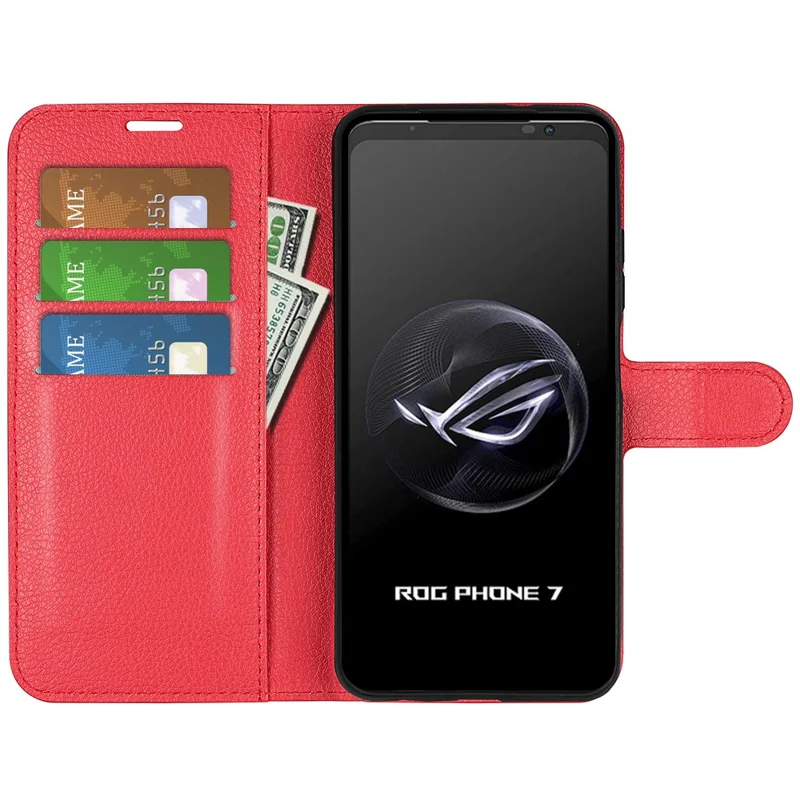 Coque de téléphone à texture de litchi pour Asus ROG Phone 7 5G, étui portefeuille avec support en cuir PU - Rouge