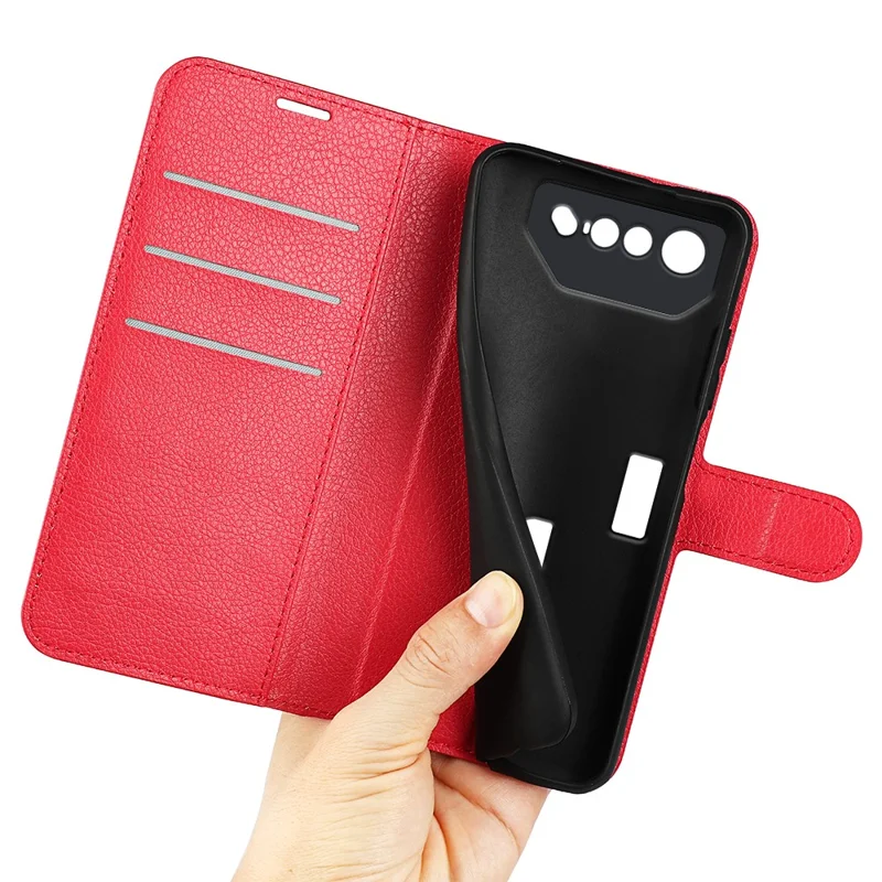 Coque de téléphone à texture de litchi pour Asus ROG Phone 7 5G, étui portefeuille avec support en cuir PU - Rouge