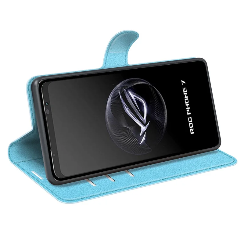 Capa de Telefone com Textura de Lichia para Asus ROG Phone 7 5G, Capa de Carteira de Telefone com Suporte de Couro PU - Azul