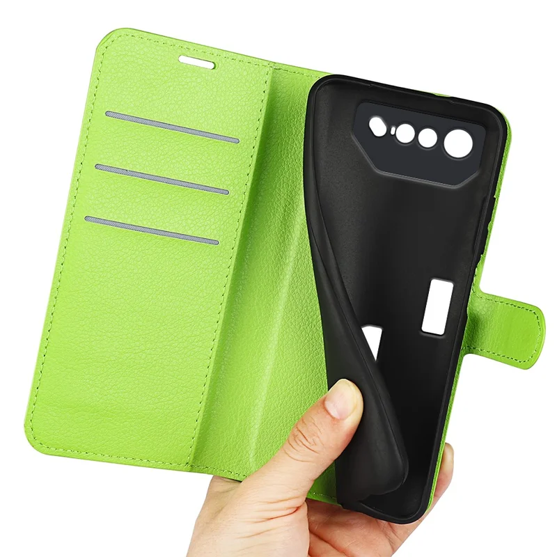 Custodia per telefono con texture Litchi per Asus ROG Phone 7 5G, Cover a portafoglio con supporto in pelle PU - Verde