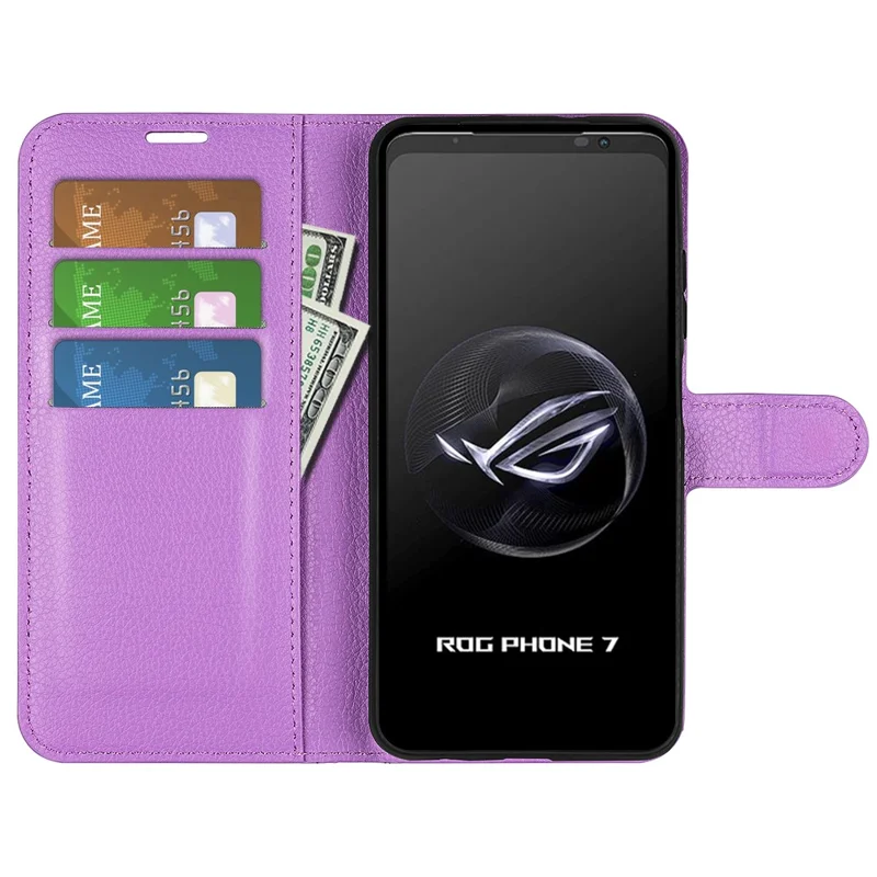 Litchi Texture Phone Case for Asus ROG Phone 7 5G , Wallet Phone Cover Stand PU Leather Shell - Purple