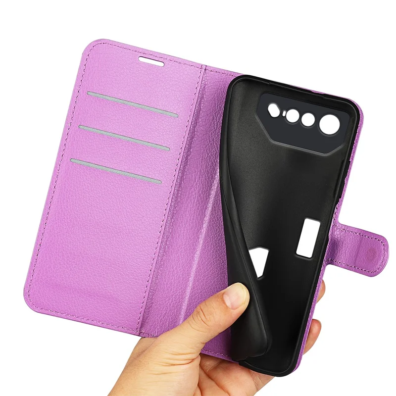 Litchi Texture Phone Case for Asus ROG Phone 7 5G , Wallet Phone Cover Stand PU Leather Shell - Purple