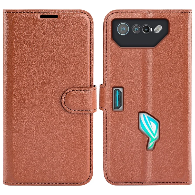 Litchi-Textur Handyhülle für Asus ROG Phone 7 5G, Brieftasche Handyhülle mit Ständer, PU-Leder Schale - Braun