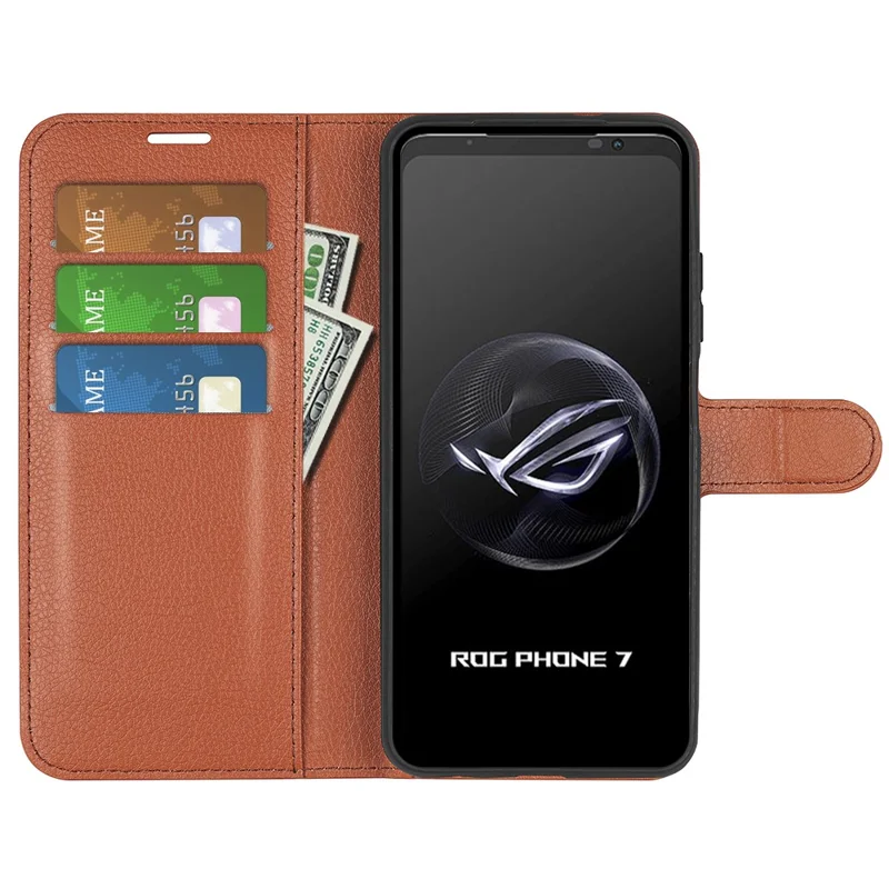 Litchi-Textur Handyhülle für Asus ROG Phone 7 5G, Brieftasche Handyhülle mit Ständer, PU-Leder Schale - Braun