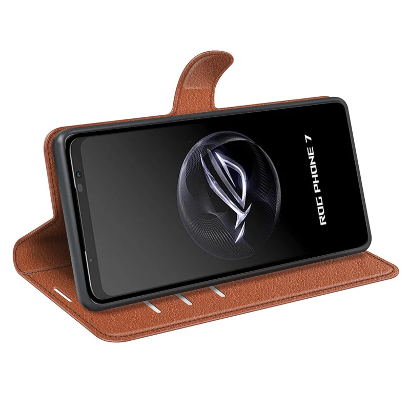 Litchi-Textur Handyhülle für Asus ROG Phone 7 5G, Brieftasche Handyhülle mit Ständer, PU-Leder Schale - Braun