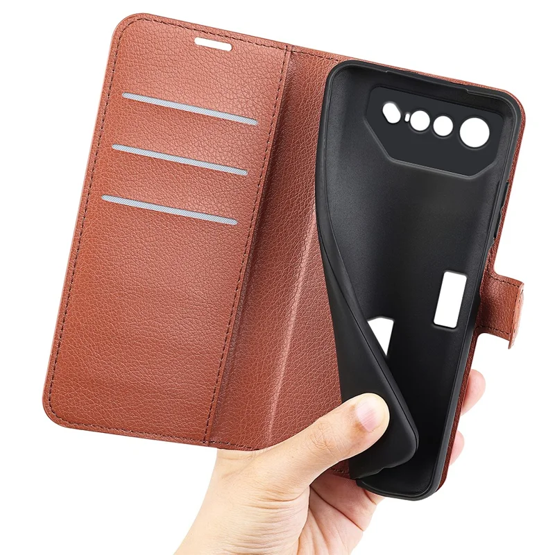 Litchi-Textur Handyhülle für Asus ROG Phone 7 5G, Brieftasche Handyhülle mit Ständer, PU-Leder Schale - Braun