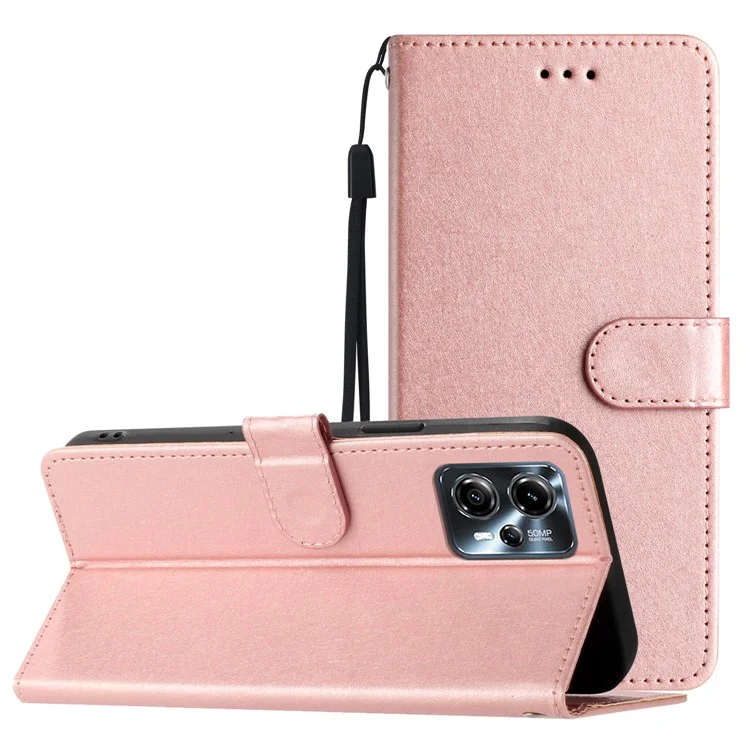 Para Motorola Moto G13 4G Ajustable Stand Silk Texture PU Leather Wallet Cell Phone Flip Case con Correa de Mano - Oro Rosa