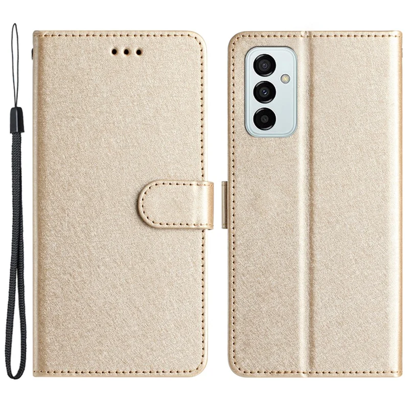 Phone Case for Samsung Galaxy A14 4G / 5G , Stand Silk Texture PU Leather Wallet Shell with Hand Strap - Gold