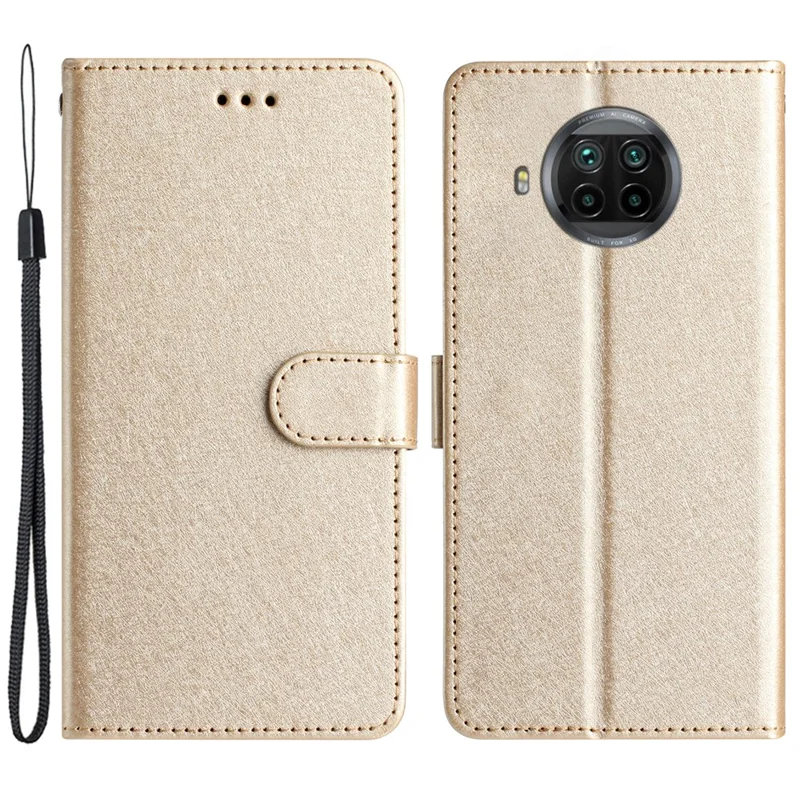 Stand Case for Xiaomi Mi 10T Lite 5G / 10i 5G / Redmi Note 9 Pro 5G Anti-fall Silk Texture PU Leather Wallet Shell with Hand Strap - Gold