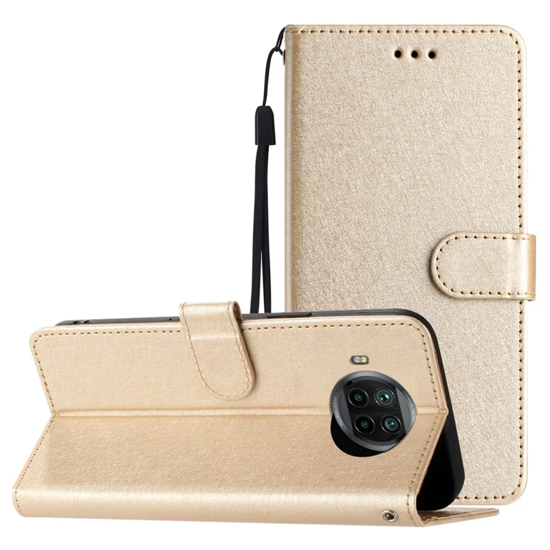 Stand Case for Xiaomi Mi 10T Lite 5G / 10i 5G / Redmi Note 9 Pro 5G Anti-fall Silk Texture PU Leather Wallet Shell with Hand Strap - Gold