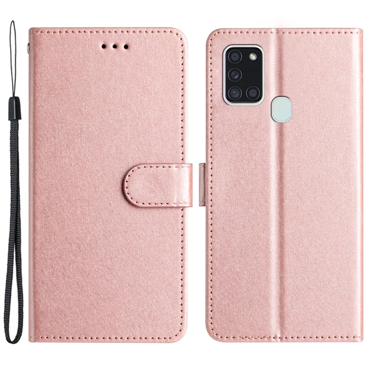 Silk Texture Case for Samsung Galaxy A21s Folio Flip Leather Wallet Stand Shell with Hand Strap - Rose Gold