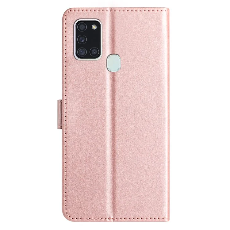 Silk Texture Case for Samsung Galaxy A21s Folio Flip Leather Wallet Stand Shell with Hand Strap - Rose Gold