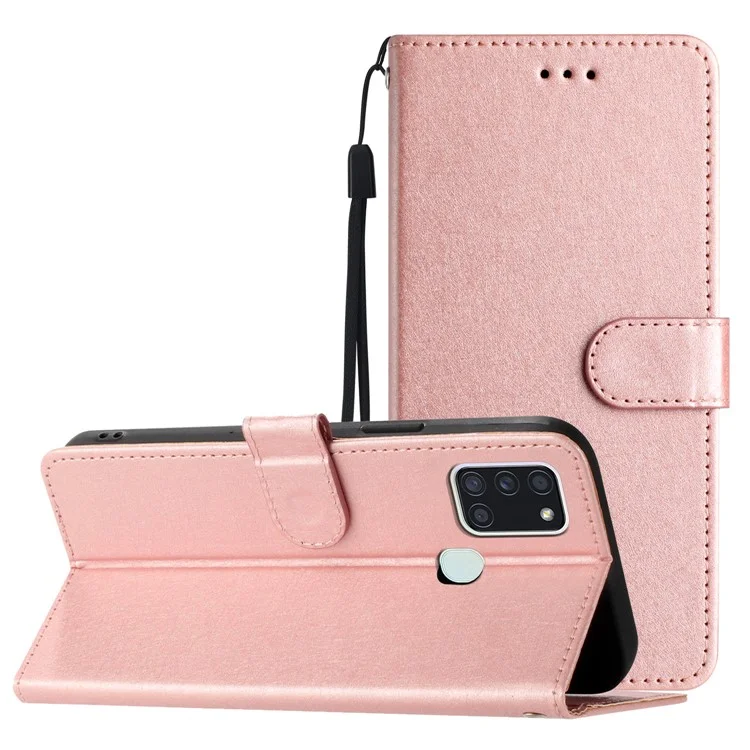 Silk Texture Case for Samsung Galaxy A21s Folio Flip Leather Wallet Stand Shell with Hand Strap - Rose Gold