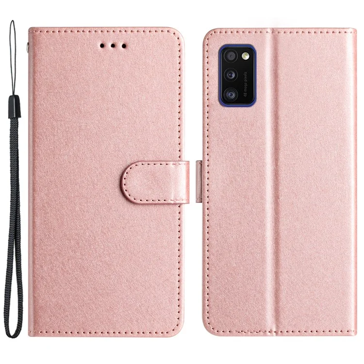 Capa Com Fivela Magnética para Samsung Galaxy A41 (Versão Global) Textura de Seda Couro Carteira de Pé com Alça - Rose Gold