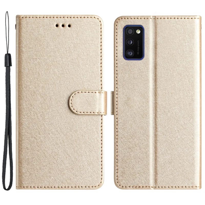 Funda con Cierre Magnético para Samsung Galaxy A41 (Versión Global) Textura de Seda Cartera de Cuero con Soporte y Correa de Mano - Dorado
