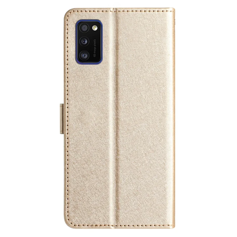 Funda con Cierre Magnético para Samsung Galaxy A41 (Versión Global) Textura de Seda Cartera de Cuero con Soporte y Correa de Mano - Dorado
