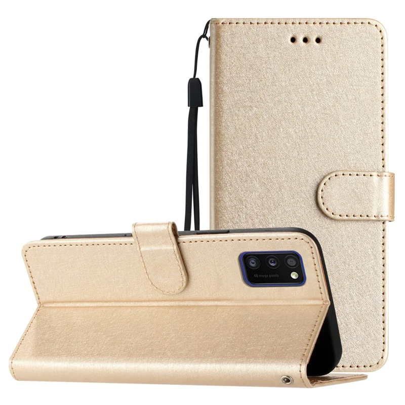 Funda con Cierre Magnético para Samsung Galaxy A41 (Versión Global) Textura de Seda Cartera de Cuero con Soporte y Correa de Mano - Dorado