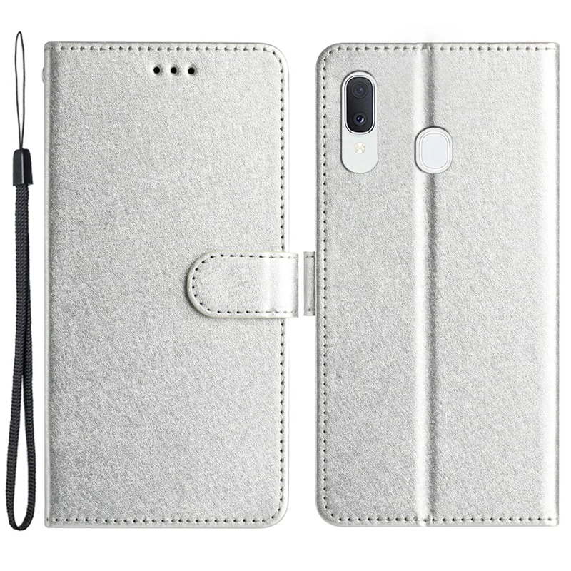 Magnetic Clasp Case for Samsung Galaxy A20e Silk Texture Leather Wallet Stand Well-protected Shell with Hand Strap - Silver