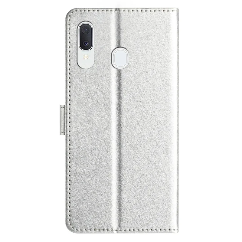 Magnetic Clasp Case for Samsung Galaxy A20e Silk Texture Leather Wallet Stand Well-protected Shell with Hand Strap - Silver