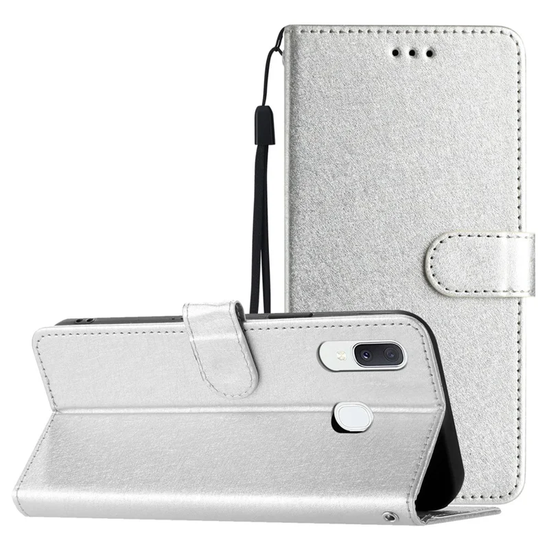 Magnetic Clasp Case for Samsung Galaxy A20e Silk Texture Leather Wallet Stand Well-protected Shell with Hand Strap - Silver