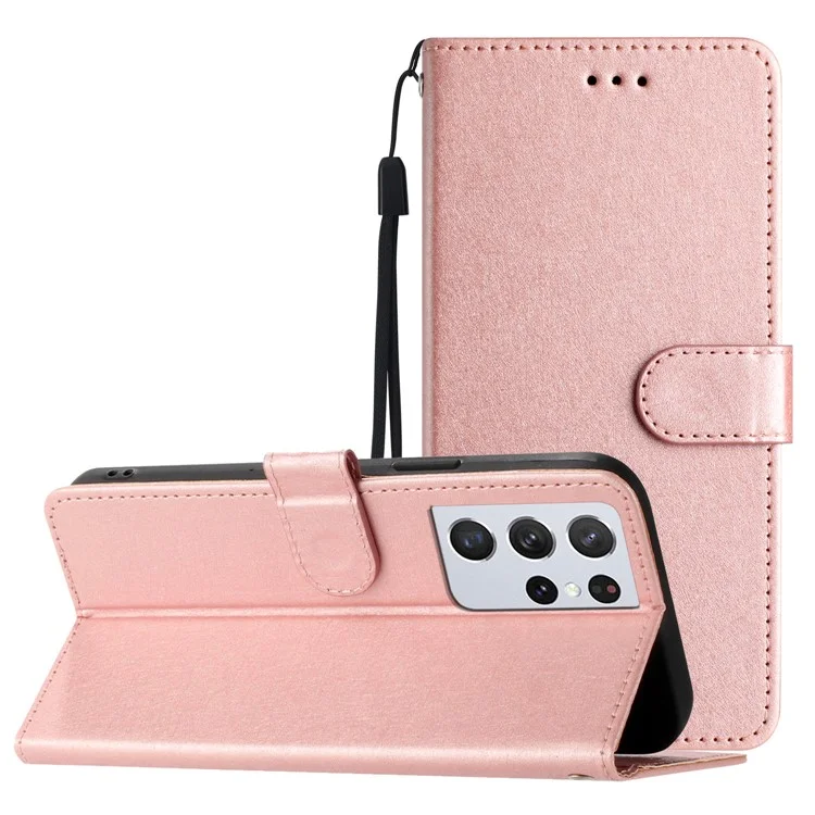 Impact Resistant Case for Samsung Galaxy S21 Ultra 5G Silk Texture Leather Wallet Stand Shell with Hand Strap - Rose Gold