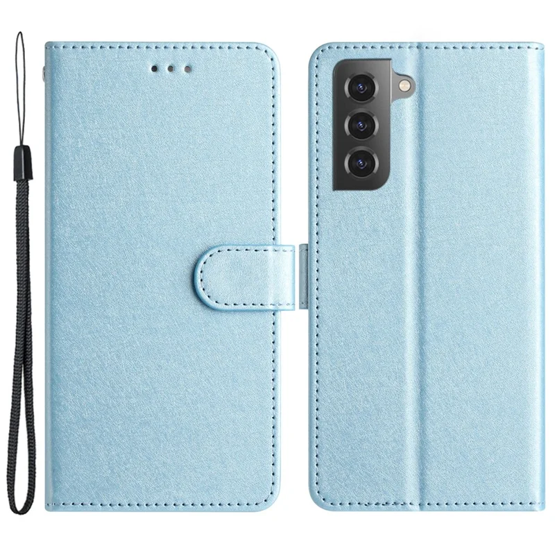 Cell Phone Case for Samsung Galaxy S21 FE 5G Stand Function Silk Texture PU Leather Wallet with Hand Strap - Sky Blue