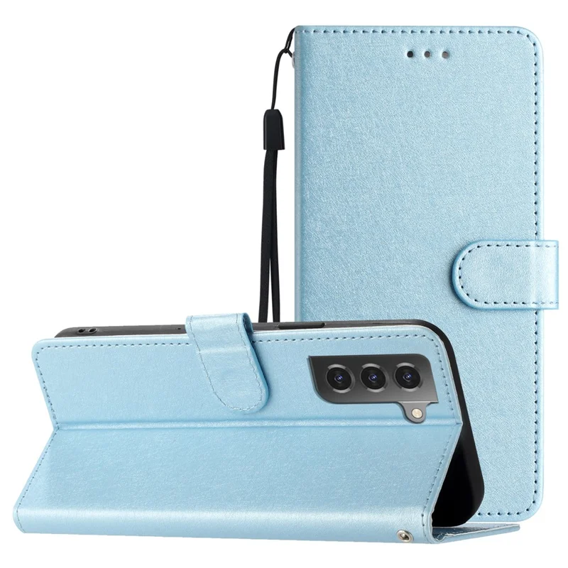 Cell Phone Case for Samsung Galaxy S21 FE 5G Stand Function Silk Texture PU Leather Wallet with Hand Strap - Sky Blue